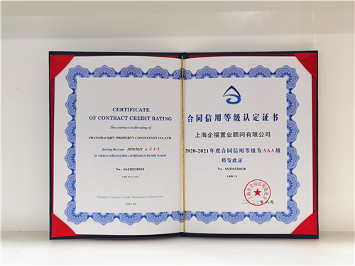 企福置业顾问公司获2020-2021上海市合同信用等级AAA